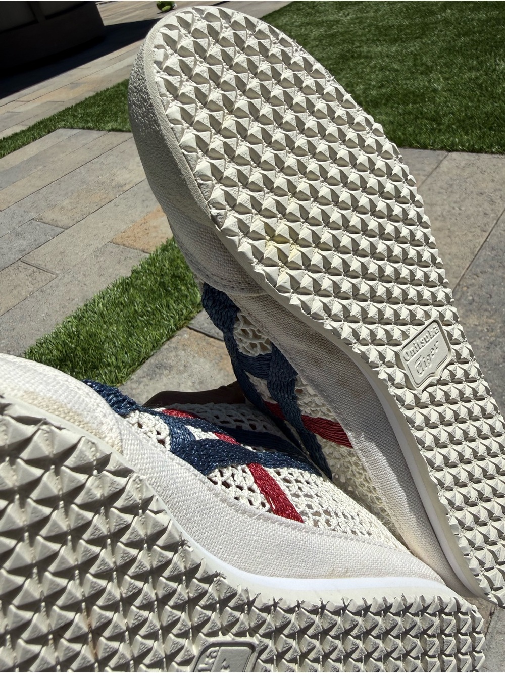 Onitsuka Tiger Cream Slip-On Sneakers with Navy & Red Stripes - Picture 8 of 9